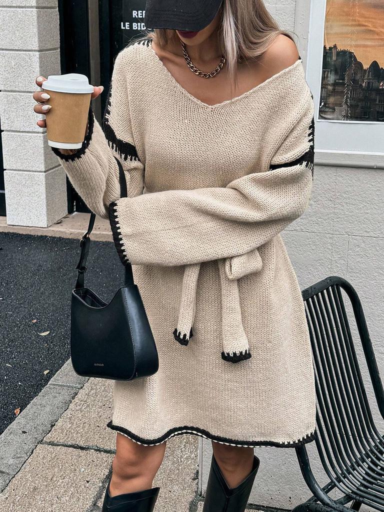 Women's Loose-fit Knitted V-neck Long Sleeve Dress With Belt