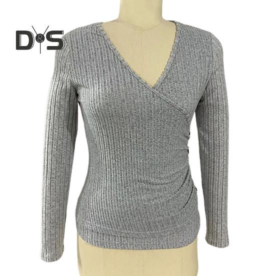Dámské podzimní jednobarevné topy s hlubokým výstřihem do V, halenka s dlouhým rukávem, elegantní slim fit, knoflíky, dekorace, žebrované svetry