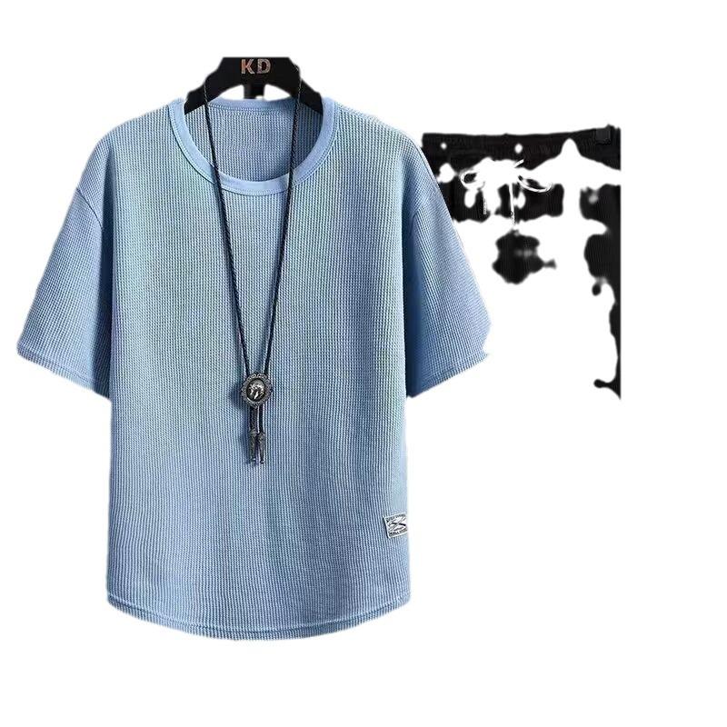 Men's Summer Waffle Casual Shorts Set - Loose, Fashionable, Short-Sleeved Two-Piece Suit for Teens