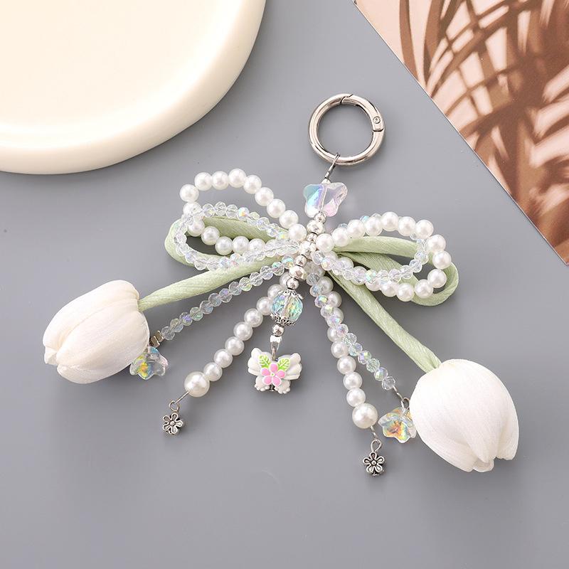 Ins Style Tulip Flower Keychain Sweet Bow Beaded Keyring Bag Pendant Earphone Case Hanging Decoration For Girls Gift