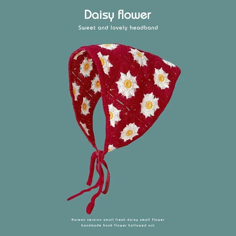 Ins Style High-end Triangular Headscarf for Summer Outings and Rural Style  New Retro Knitted Hollow Headscarf for Women