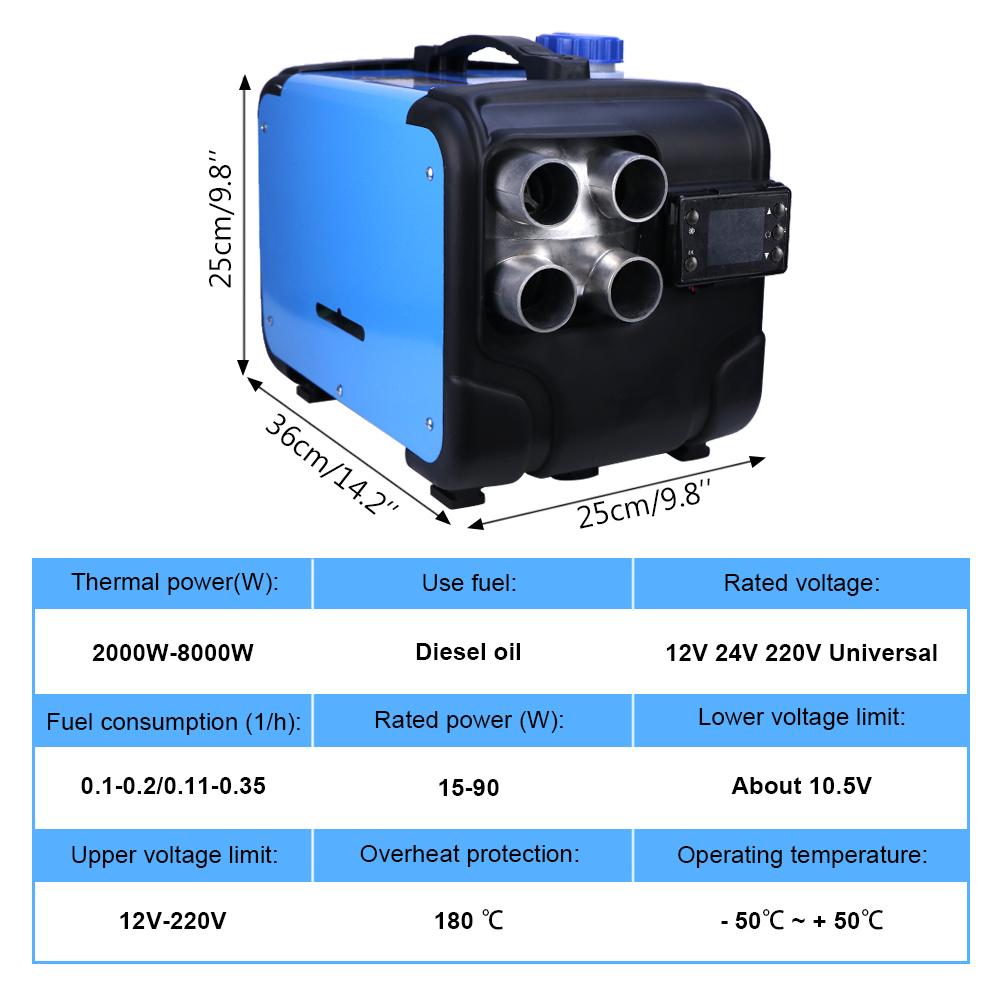 12V/24V/220V Universal Horizontal Automotive Diesel Air Heater Integrated Machine 2-8KW Auxiliary Heater With LED Display Screen
