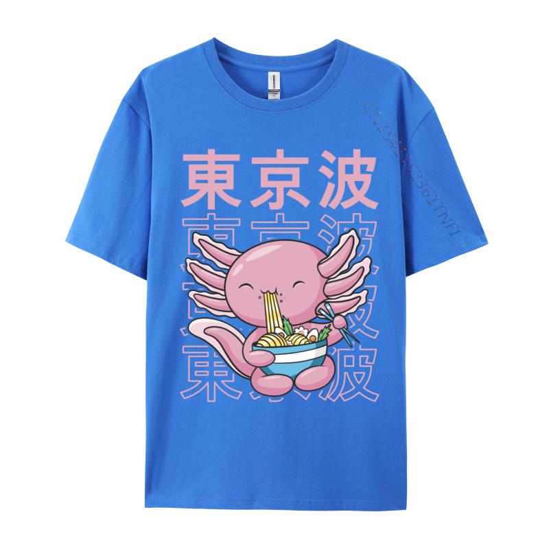 Kawaii Axolotl Eating Ramen Noodles Teens Custom Print T Shirt for Men Family Autumn All Cotton Top T-shirts Hip hop T Shirt