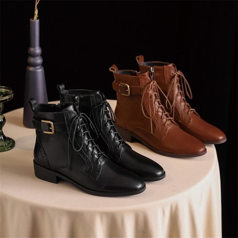 Fashion Women Winter Genuine Leather Ankle Boots Round Toe Women Boots with Zipper Lace Up Chunky Heel Wear-resistant Beef Tendon Bottom