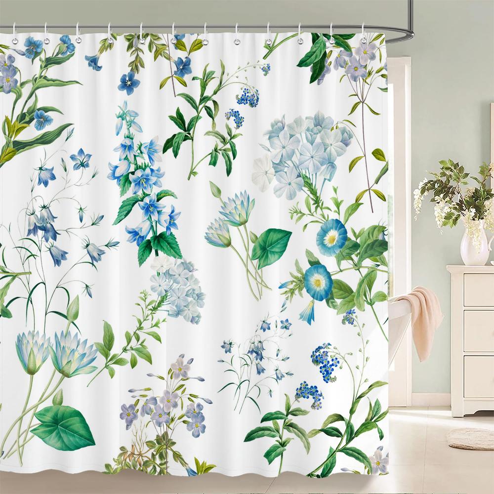 

3D Flower And Leaf Printed Nordic Style Shower Curtain With Hooks Waterproof Fabric Home Decoration Bathroom Curtains W60H190(CM)-1 Pcs