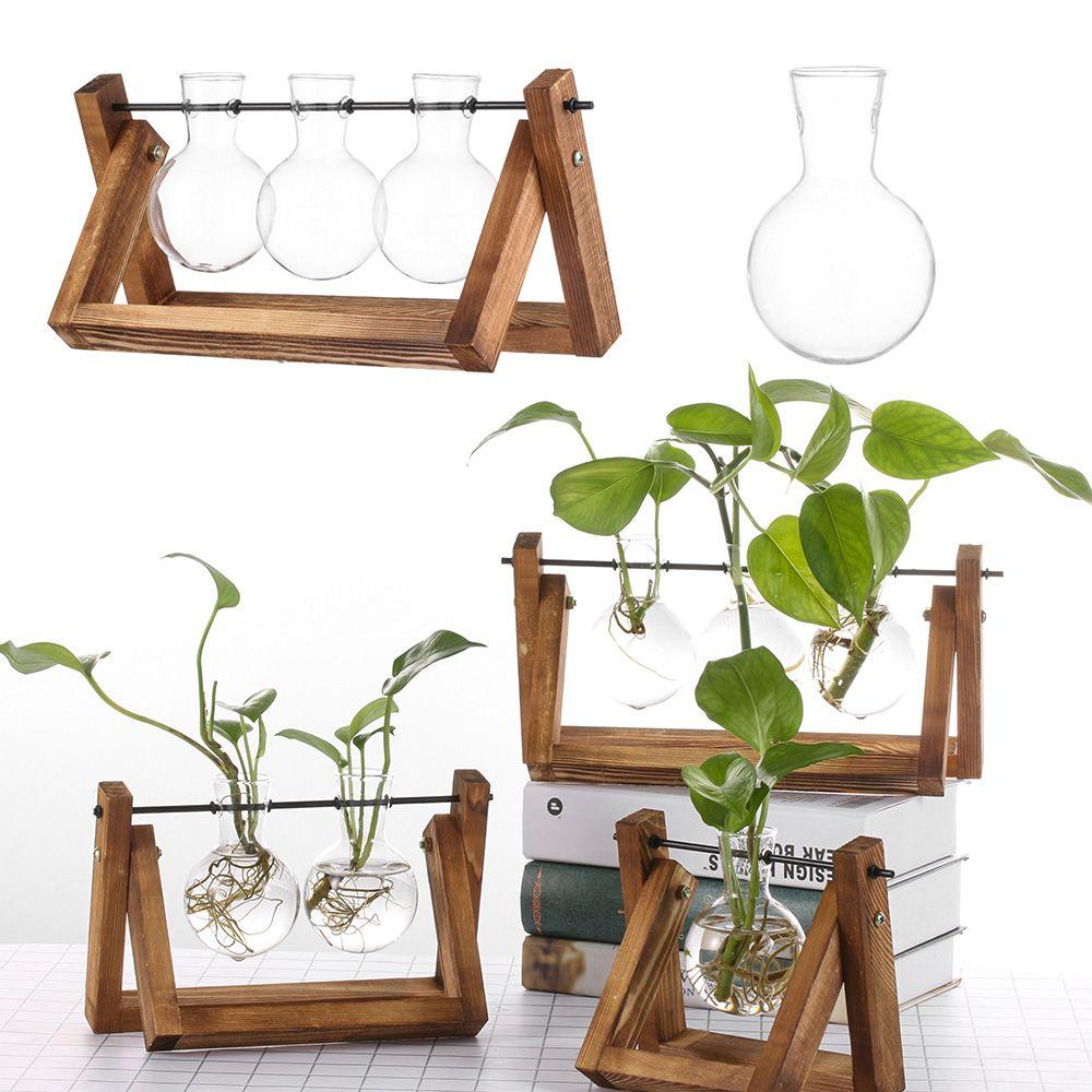 Vases pour plantes hydroponiques Terrarium Tabletop Cadre en bois Vase en verre Pot de fleurs Design vintage Bonsaï Jardinière Décoration de la maison