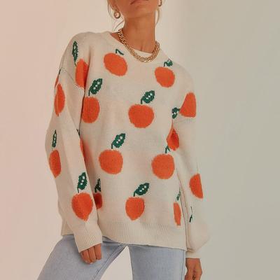 Herbst und Winter neuer lässiger lockerer orangefarbener Strickpullover mit Rundhalsausschnitt und langen Ärmeln für Damen 3570 EMA