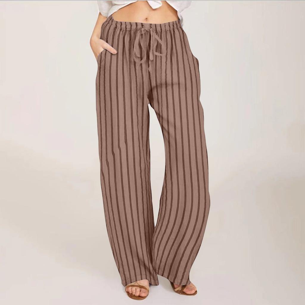 Ladies' Loose, Comfortable, Casual, Fashionable Striped Cotton And Linen Pants With Pockets
