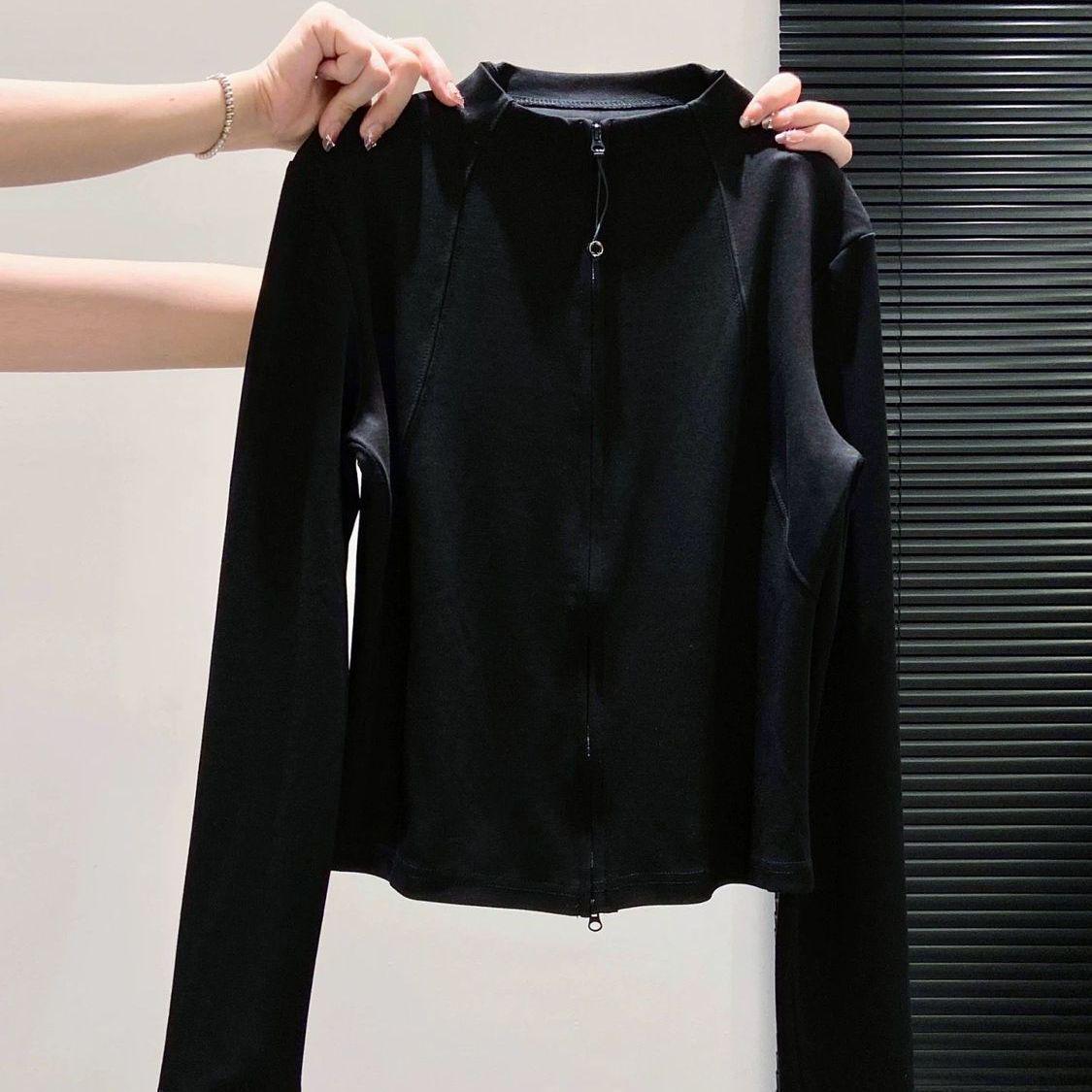 

Plus Size Thermal Fleece Double Zipper Stand Collar Slimming Long Sleeve Winter Top M [For 40-50 kg] чорний