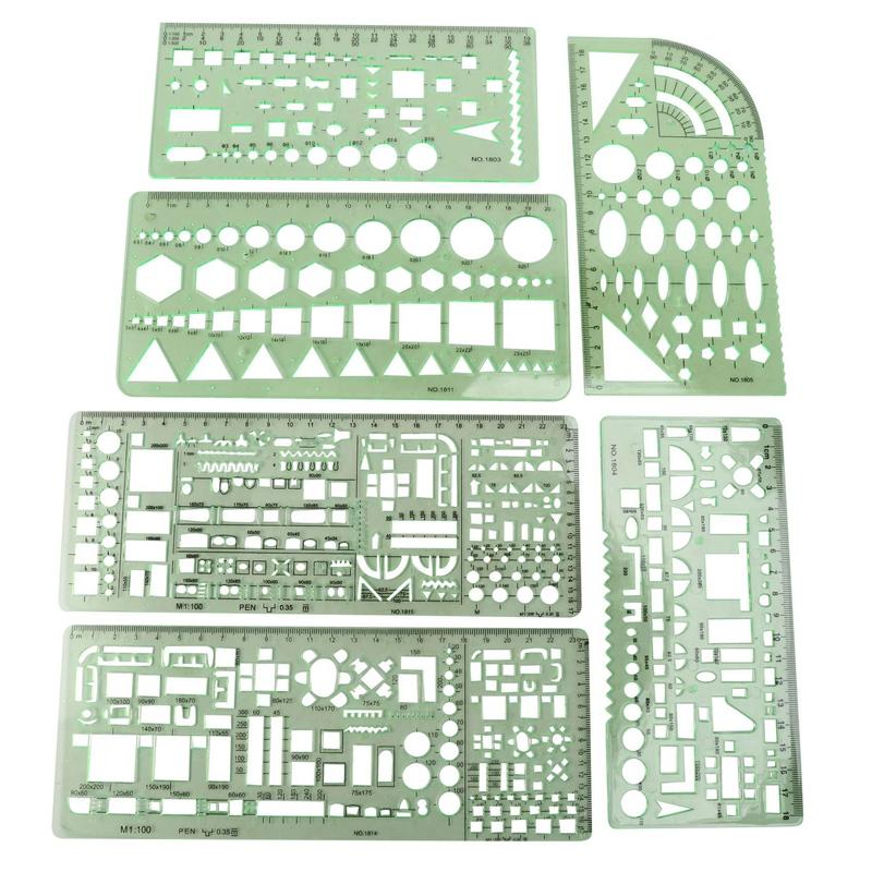 

6 Pieces Plastic Measuring Templates Building Formwork Stencils Geometric Drawing Rulers For Office And School,Green зелений