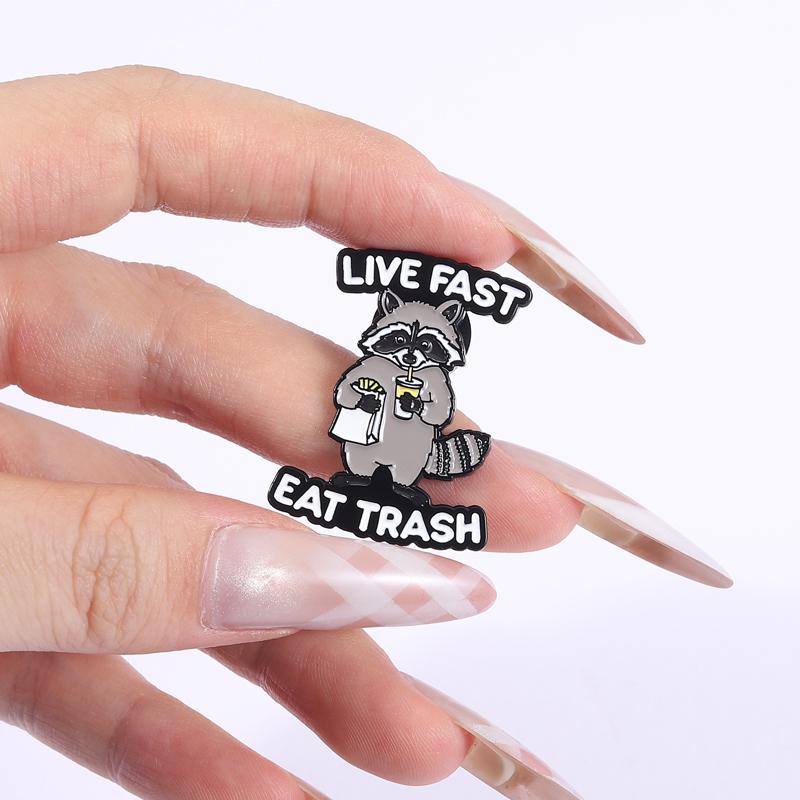 Trash Panda Enamel Pins Cartoon Raccoon Live Fast Eat Trash Brooches Lapel Badges Funny Animal Jewelry Gift for Kids Friends
