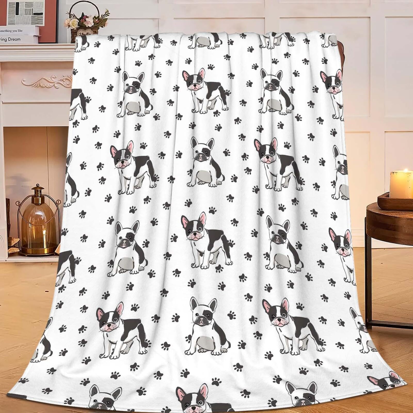 

Cute French Bulldog Blanket Soft Comfy Warm Fluffy Flannel Throw Blanket for Couch Sofa Camping Office Travel Home Bedroom Decor 75x90cm