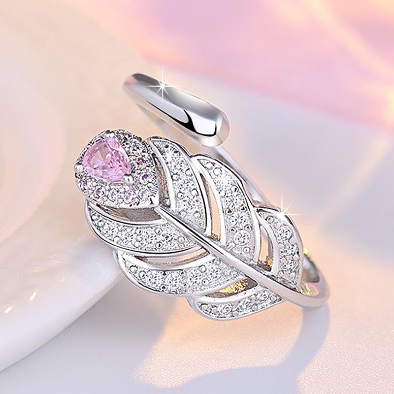Artistic Leaf Feather Ring with Zircon Inlay - Japanese & Korean Style