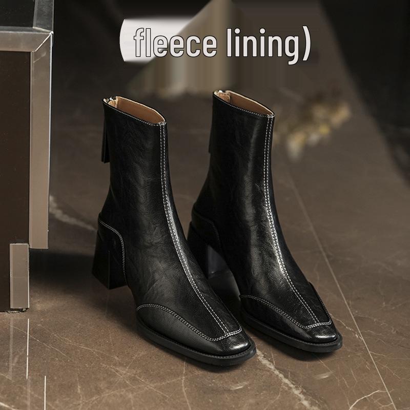 Retro Square Toe High Heel Ankle Boots for Women - Autumn/Winter Chunky Martin Boots In British Style, Red/Brown, 6CM Heel.