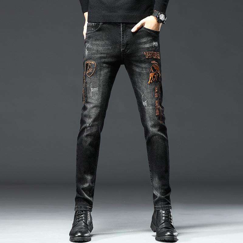 Men's Trendy Black Embroidered Slim-Fit Jeans – Youthful Stretch Casual Pants