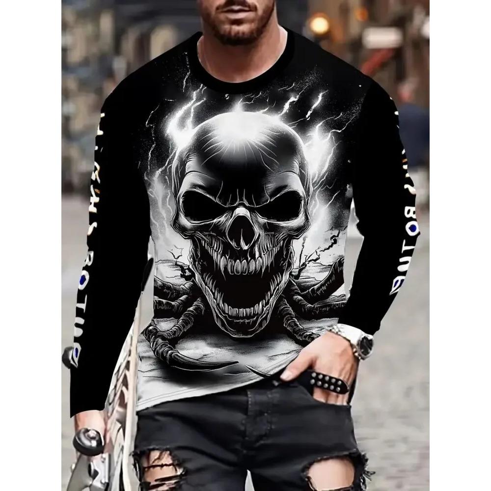 Frühling Sommer Mode Herren Totenkopf 3D Gedrucktes T-Shirt Bequem Weich Atmungsaktiv Locker Groß Lässig Sport Vielseitig Rundhals Langarm T-Shirt