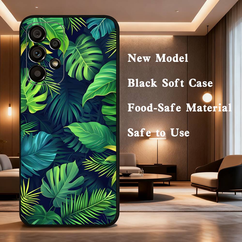 Handyhülle mit Palmenblatt-Motiv für Samsung Galaxy A73, 31, 32, 72, 41, 53, 52, 71, 22, 5G, Note, J7, 8, 9 – Weiche, schwarze Hülle