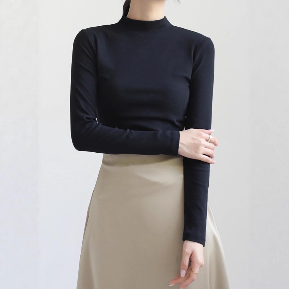 Women's Slim-Fit Stand Collar Long-Sleeve Fleece Base Layer Top - White, Ideal for Autumn and Winter Layering.