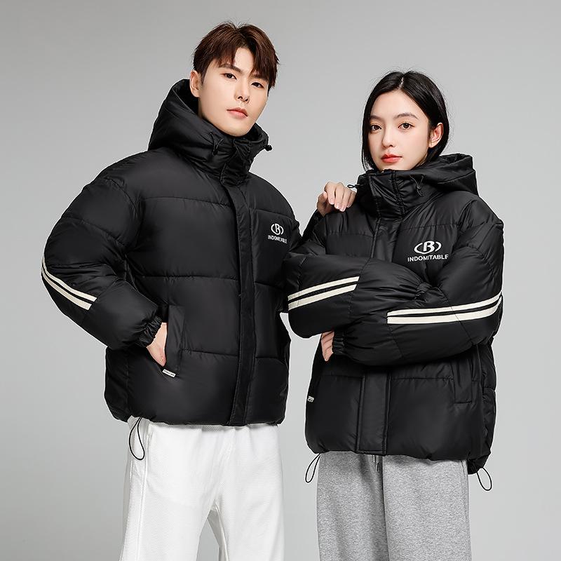 

Новый американский хлопковый костюм с боковыми полосками и надписями для мужчин и женщин, парный, с капюшоном, свободная хлопковая одежда, тренд, корейская версия, короткий, зимний S чёрный