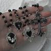 Gothic Bat Cross Dark Pendant Necklace Set, Y2K Personalized Thorn Love Black Bead Stacked Necklace Set, Suitable As Halloween G