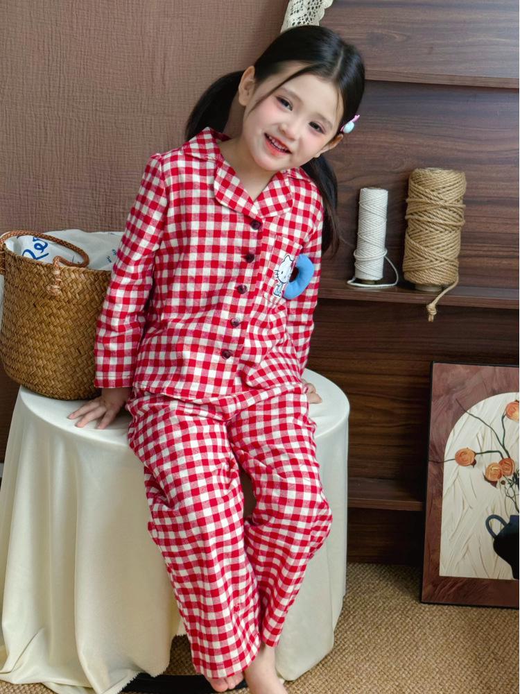 Korean Style Plaid Cat Kids Pajama Set for Girls - Spring/Autumn Wear