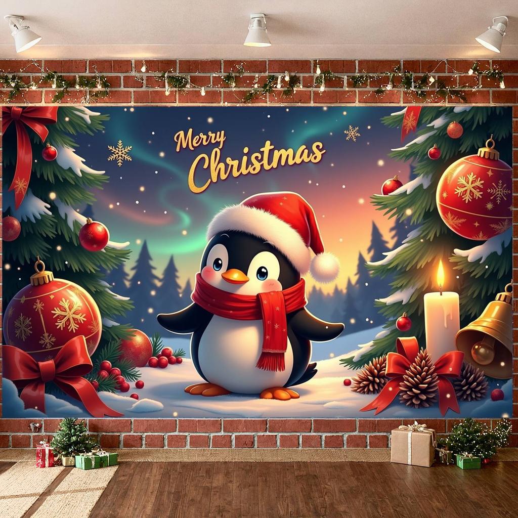 Holiday Decor Banner Penguin Theme Christmas Tree Banner Merry Christmas Banner Holiday  For Home Decoration Holiday Indoor