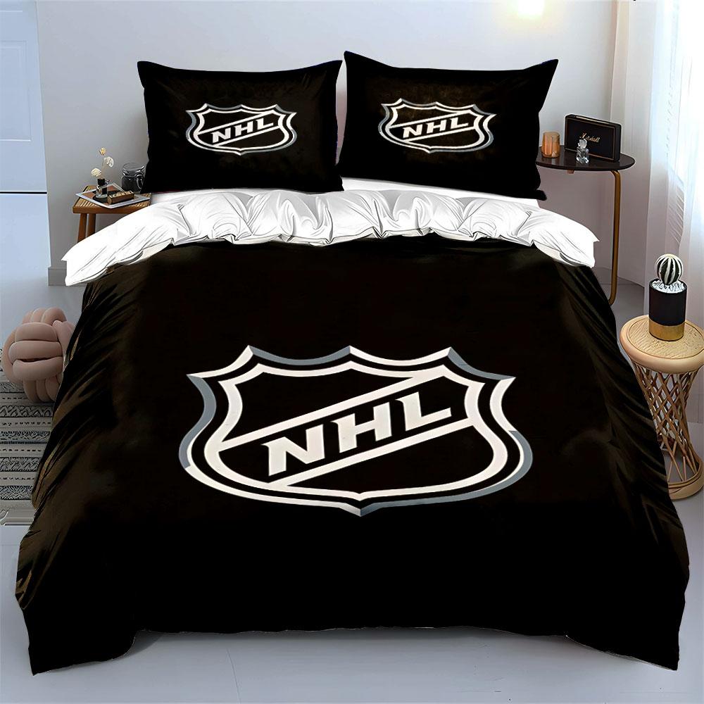 NHL Logo Black and White Design Print Bedding Set Duvet Cover Pillowcases (1* Duvet Cover 2* Pillowcases Do Not Include Comforter)