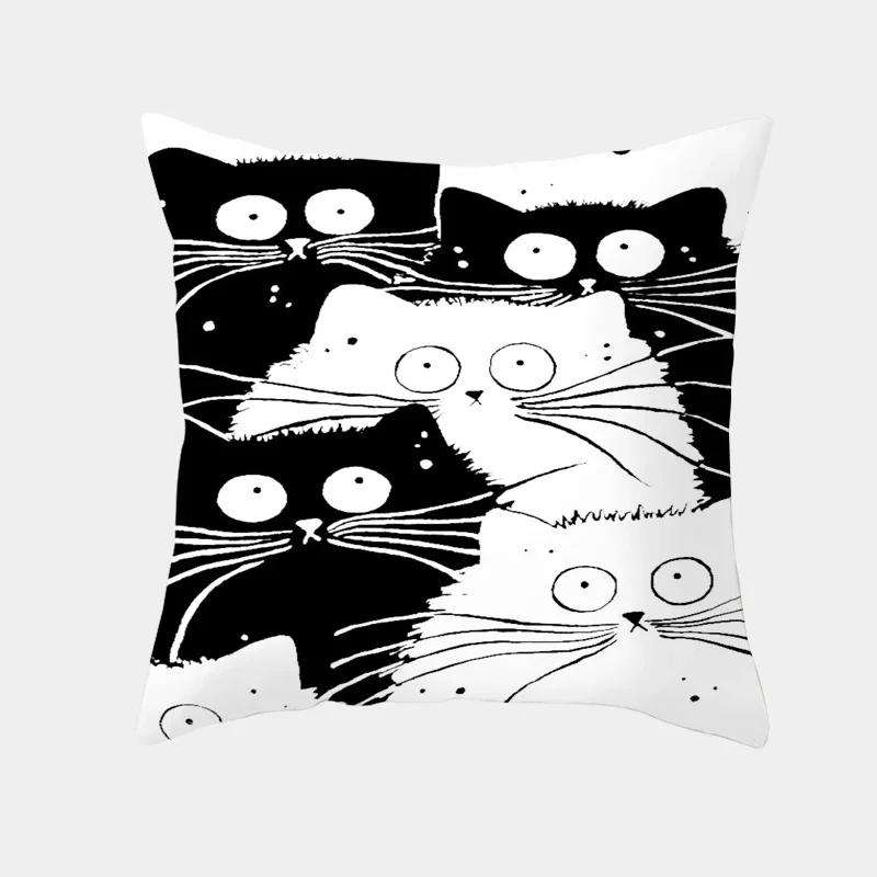 Cute Cartoon Cat Cushion Cover Creative Black White Naughty Cat Pillow Case Home Textiles Decorative Pillow Cover For Sofa