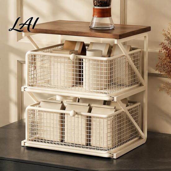 Office Desk Organizer Coffee Station with Drawer Tiered Bar Organizer Wooden Top Shelf Countertop Wire Mesh Drawers for Tea Bags Capsules,
