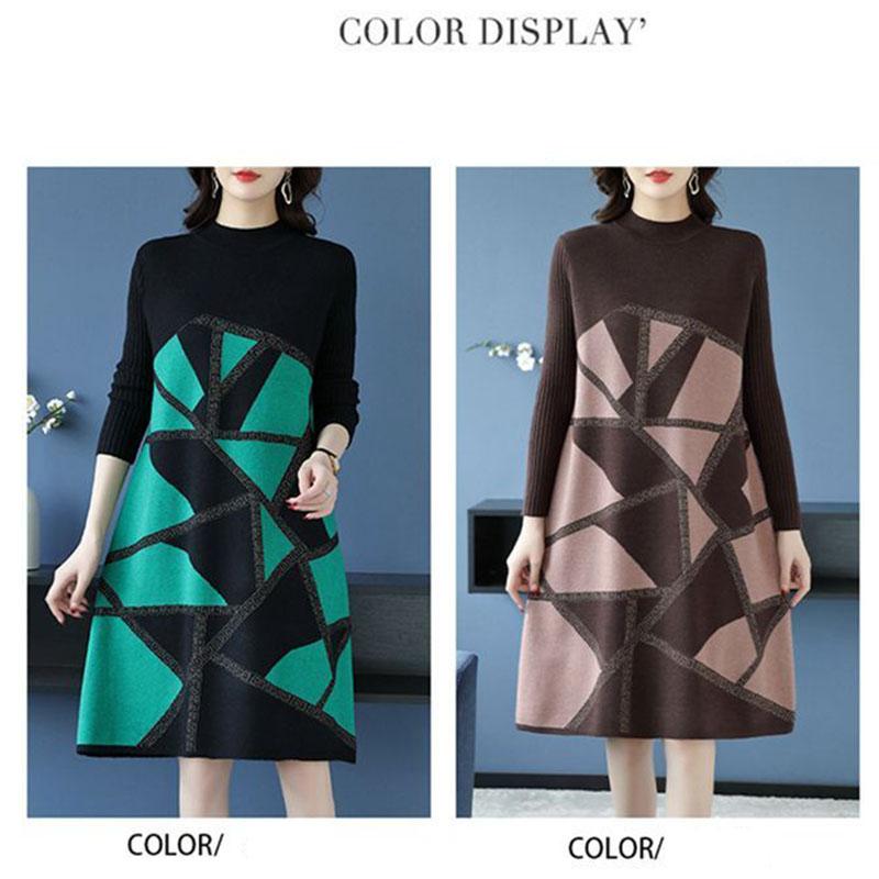 Autumn Winter Women's Plus Size Sweater Dress Loose Pullover Color-Block Knit Midi Dress Thick A-line Sweater Dress