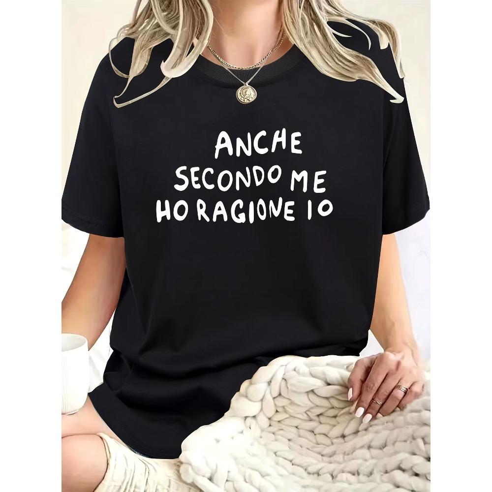 Womens Casual Shortsleeved Tshirt Italian Letter Print Top Black Graphic Crew Neck Regular Shirts for Women Y2k Top