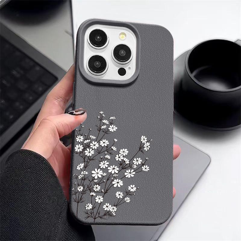 Matte, schlanke Handyhülle mit kleinem weißen Blumendruck für iPhone 16 Pro 15 Pro Max 14 13 12 11, TPU-Ledertextur, weiche, stoßfeste Stoßstangenabdeckung