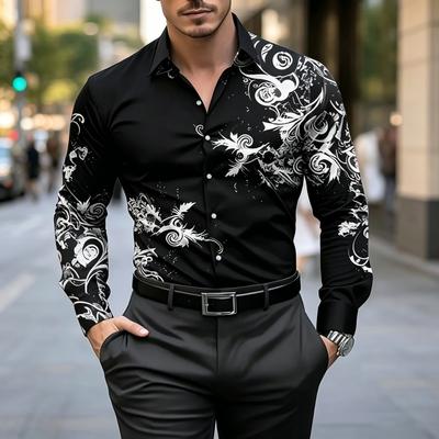 Herren Rotes Schwarzes Barock Blumenmuster Langarmhemd Slim Fit Knöpfe Casual Business Hemden