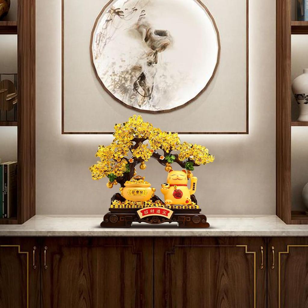 Aris & Juno Feng Shui Money Tree Statue with Electric Waving Lucky Cat, Crystal Leaves & Wealth Bowl – Handcrafted Prosperity Decor for Office,