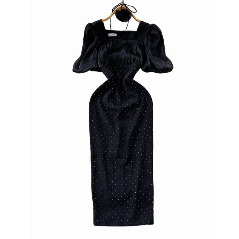 European Station New Arrival Fashion Elegant Elegant Lady of Note Short Sleeve Dress Fancy Hip Hot Drilling Square Collar Dress Dress