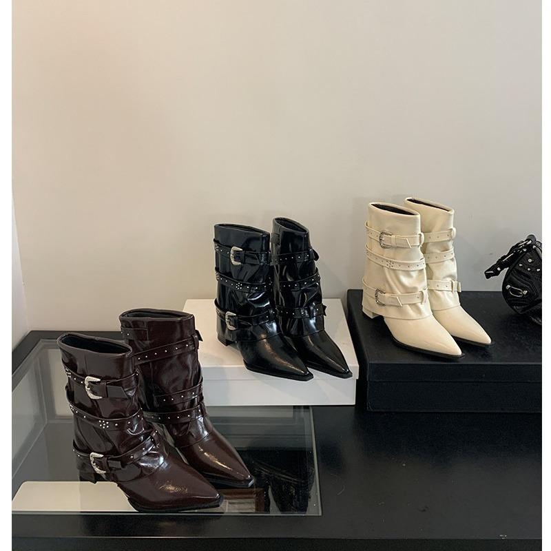 Women's Boots 2025 Autumn New Style Rivet Belt Buckle Sharp Point Thick Heel Middle Heel Versatile Mid Heeled Boots