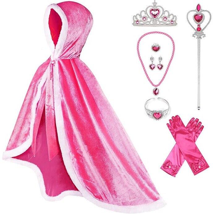 Princess Aurora Kids Cape Set for Girls Role Play Costume 5-7 Years Pink Hooded with Accessories