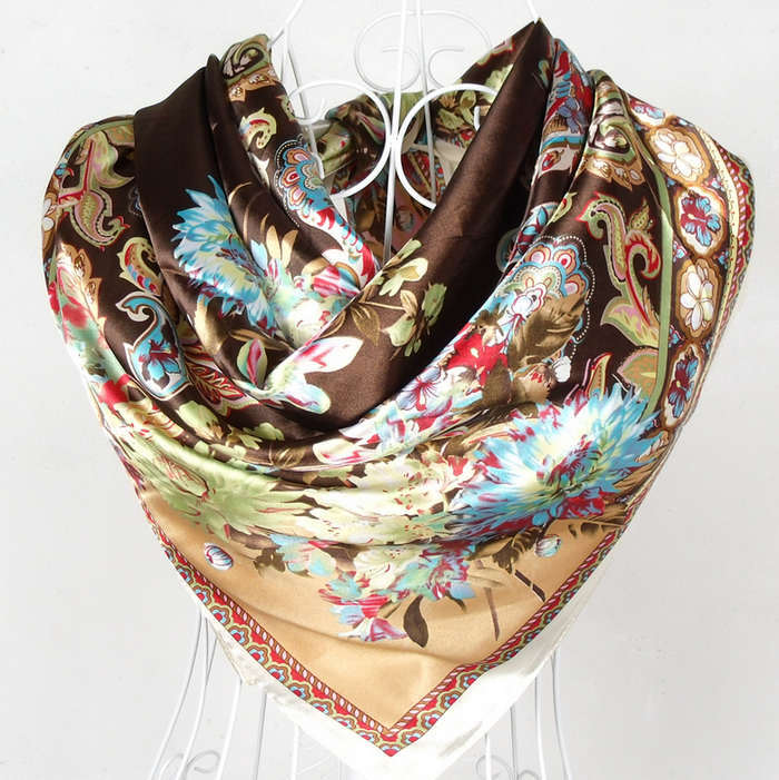 New Style Female Satin Red Big Square Silk Scarf Printed, Women Coffee Silk Scarf Hijab Wraps For Summer,Autumn 90*90cm