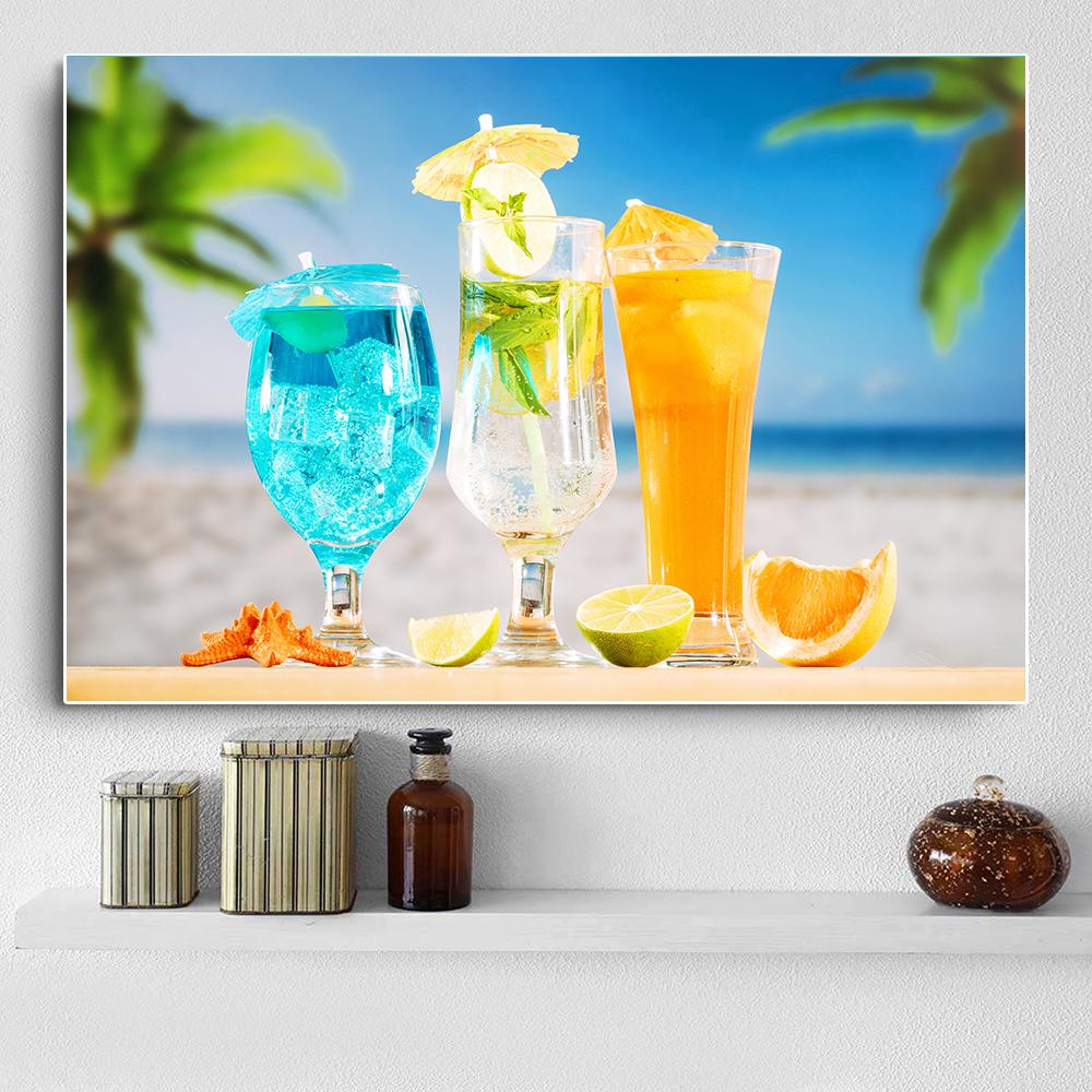 Modern Fresh Fruit Juices and Cocktails Canvas Painting Summer Sea Wall Picture Posters and Prints for Living Room Decor Cuadros