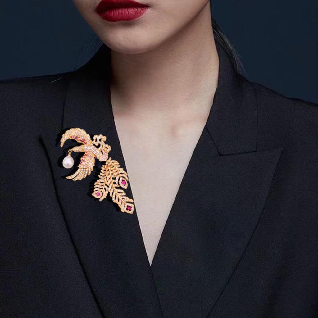 Retro National Style High-End Phoenix White Natural Freshwater Pearl Brooch Guochao Copper Plated Micro-Inlaid Zircon Brooch