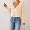Women Loose Long Sleeve V Neck Cropped Hand Crochet Flower Patchwork Cardigan Sweater
