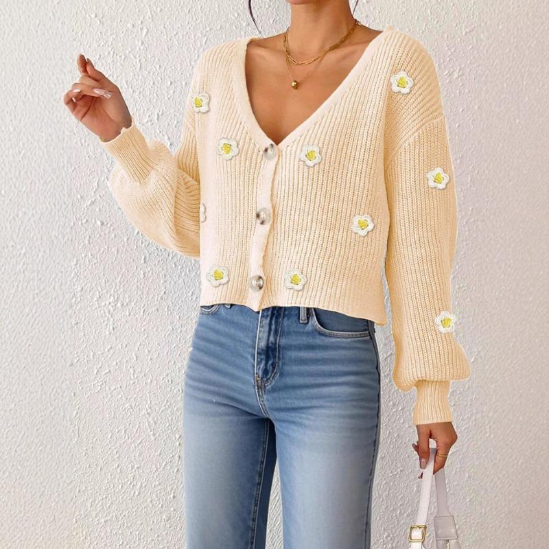 Women Loose Long Sleeve V Neck Cropped Hand Crochet Flower Patchwork Cardigan Sweater