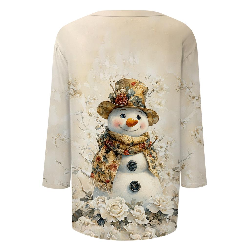 Women's Fashion Casual V Neck 3/4 Sleeve Loose  Printed T-Shirt Ladies Top