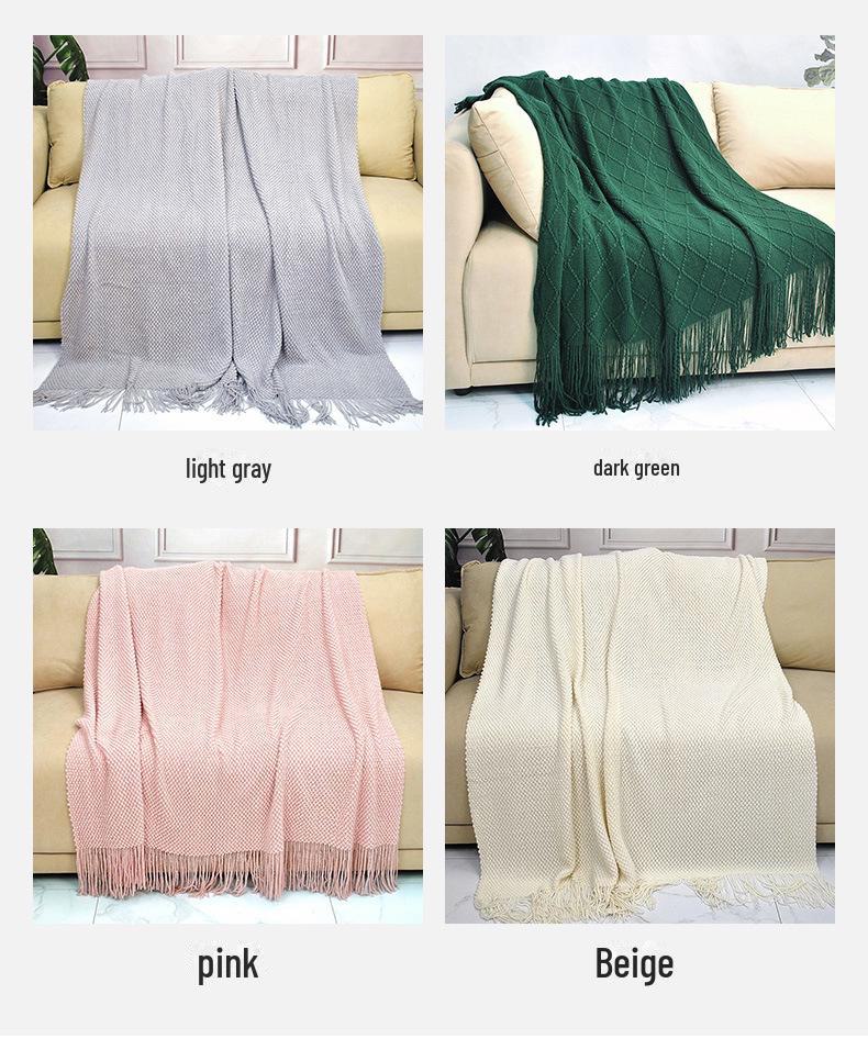 Solid Color Knitted Blanket with Tassels - Decorative Bed, Sofa, or Nap Blanket