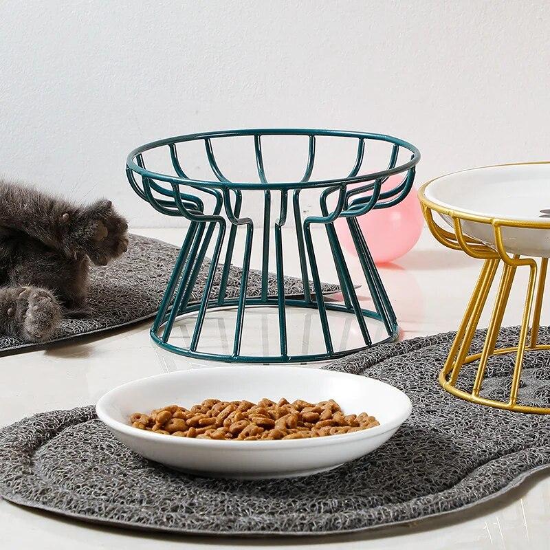 Ceramic Raised Pet Bowl with Iron Rack Food Water Treats for Cats Dogs Feeders Supplies Drinking Accessories Puppy Kitten Bowl