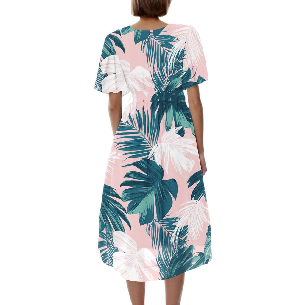 Women's Casual V Neck Short Sleeve Dress Retro Floral Print Midi Dress Lightweight Comfortable Fit Flared Hem Summer Dress