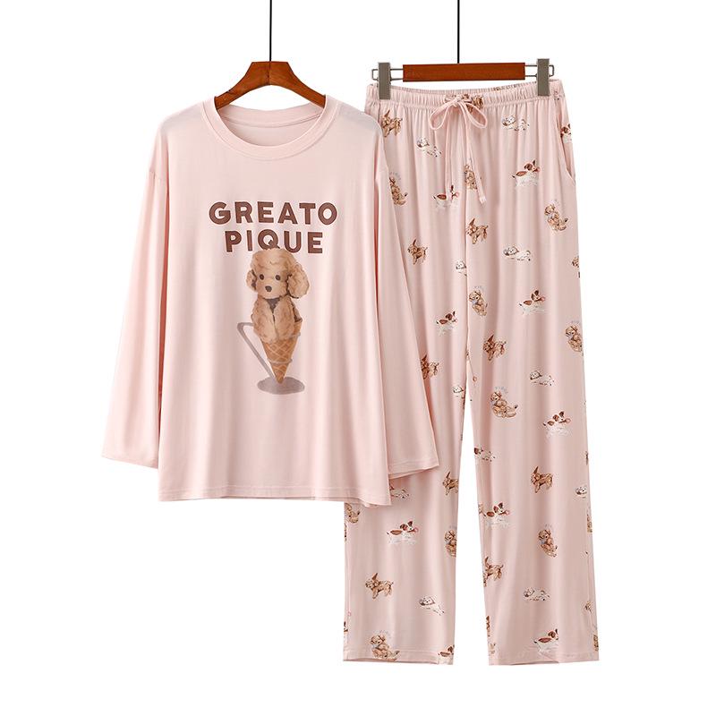 

2024 Женская пижама с рисунком собаки-мороженого из мультфильма — с длинными рукавами, круглым вырезом, свободным кроем, домашний костюм One Size [Fits 80-145 kg]