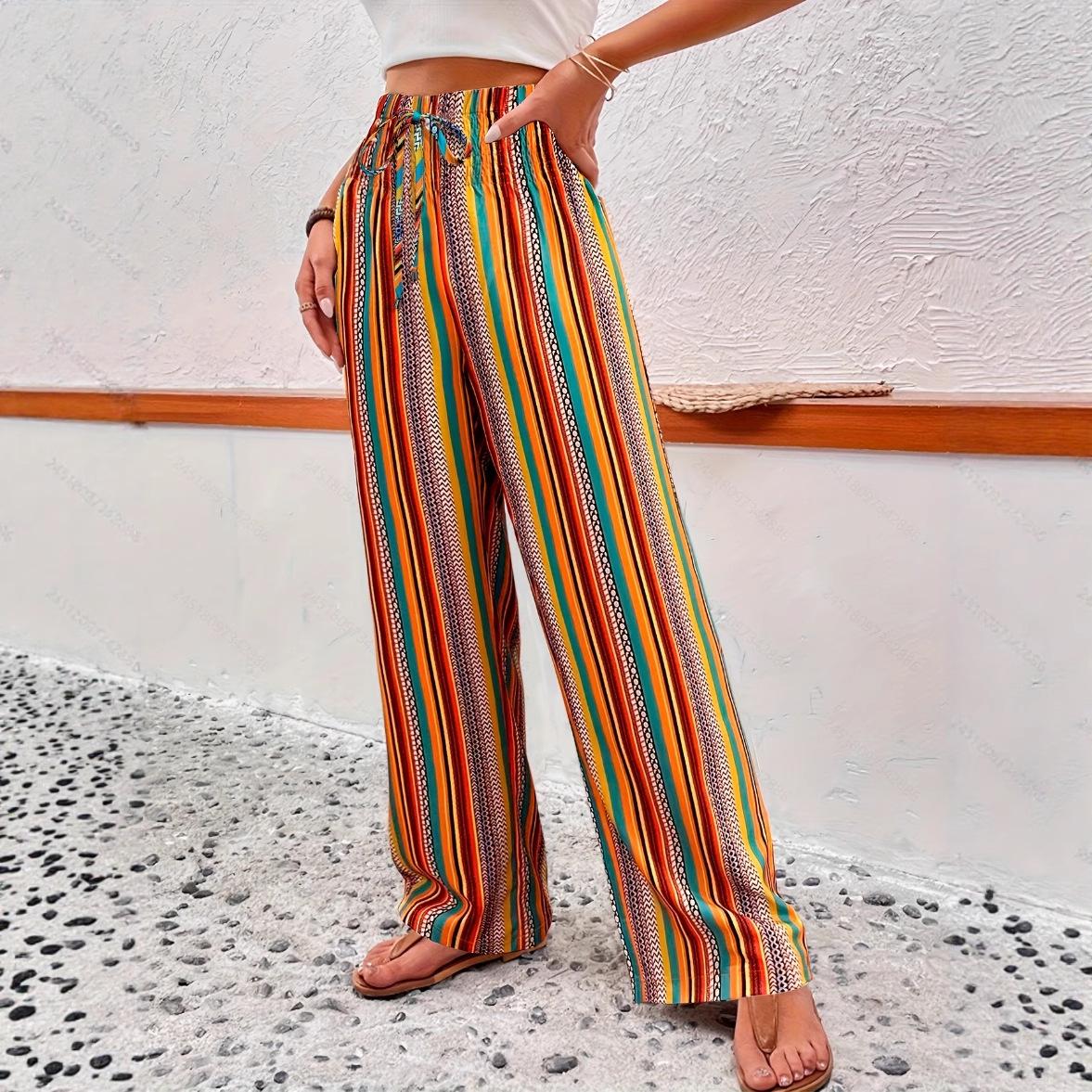 

Богемные винтажные полосатые брюки с широкими штанинами, высокой талией и кулиской – тропический этнический стиль для летних каникул Large