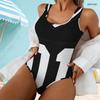 Women Plus Size Geometric Printed Scoop Neck Wide Straps High Cut One Piece Swimsuit Black White Orange