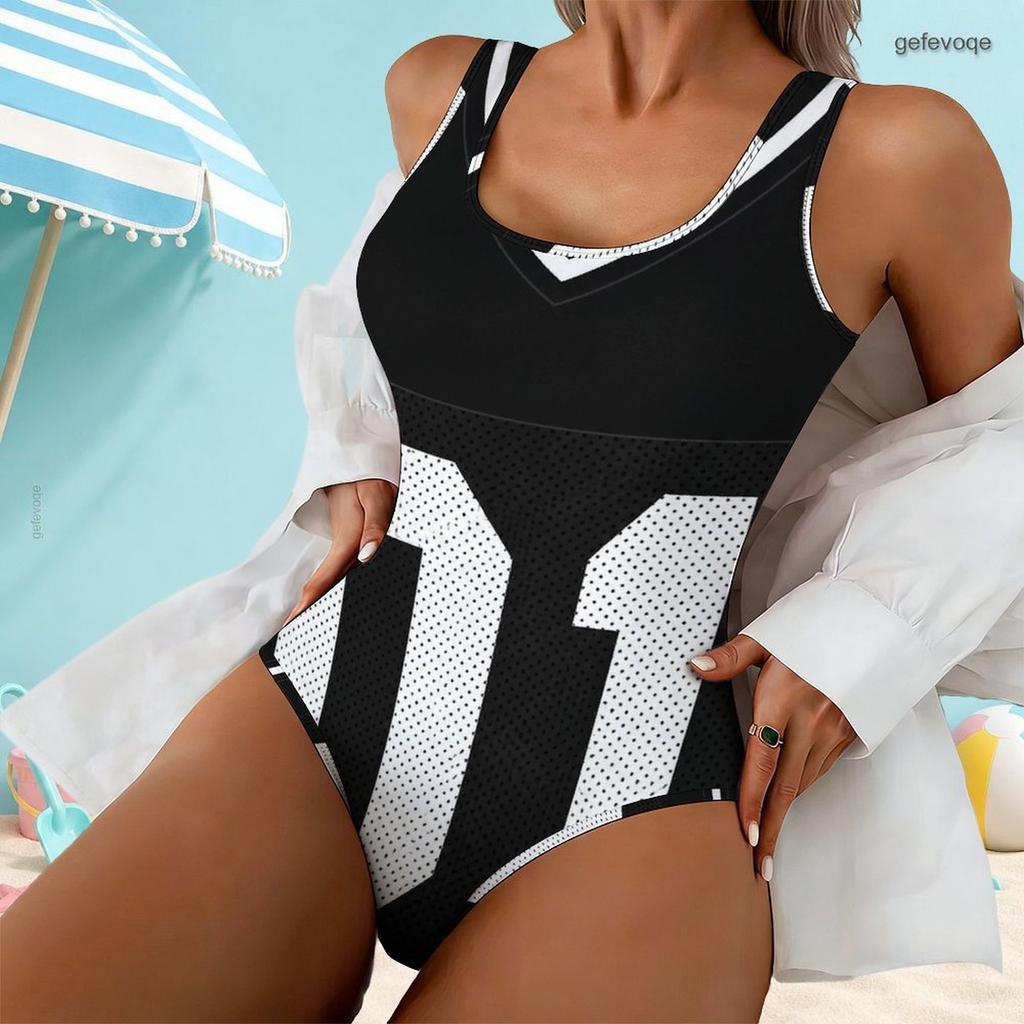 Women Plus Size Geometric Printed Scoop Neck Wide Straps High Cut One Piece Swimsuit Black White Orange